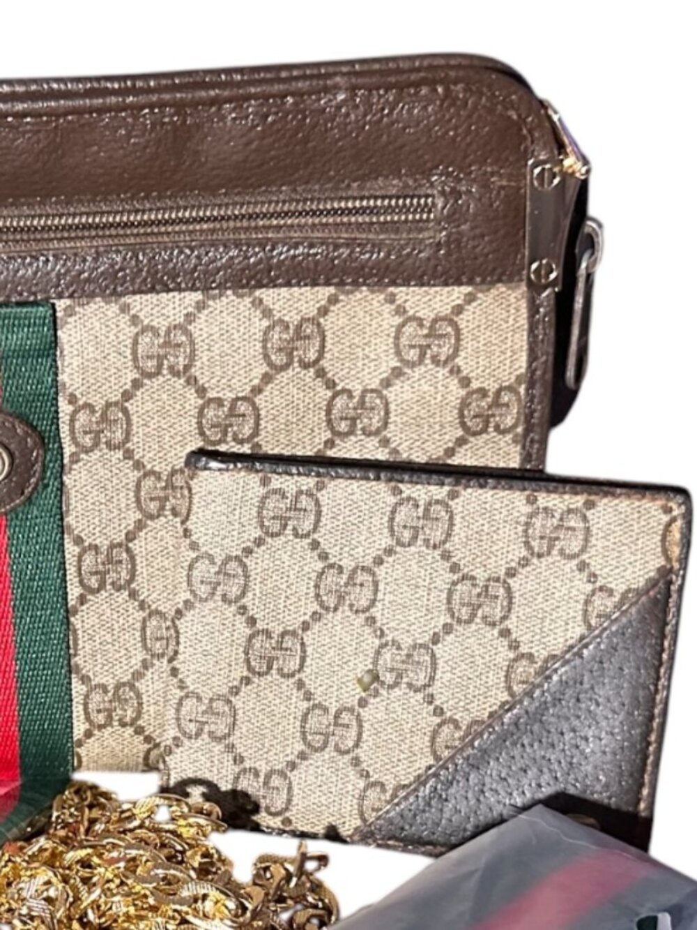 Gucci GG Canvas+Leather Converted Clutch w/Green-Red Web & Wallet/Card Case